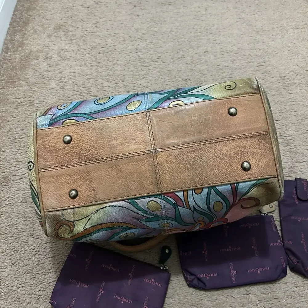 Anuschka Hand Painted Satchel Peacock Leather With Pouches *Blemishes